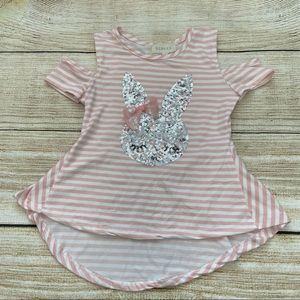 Btween brand pink and white striped bunny cold shoulder top